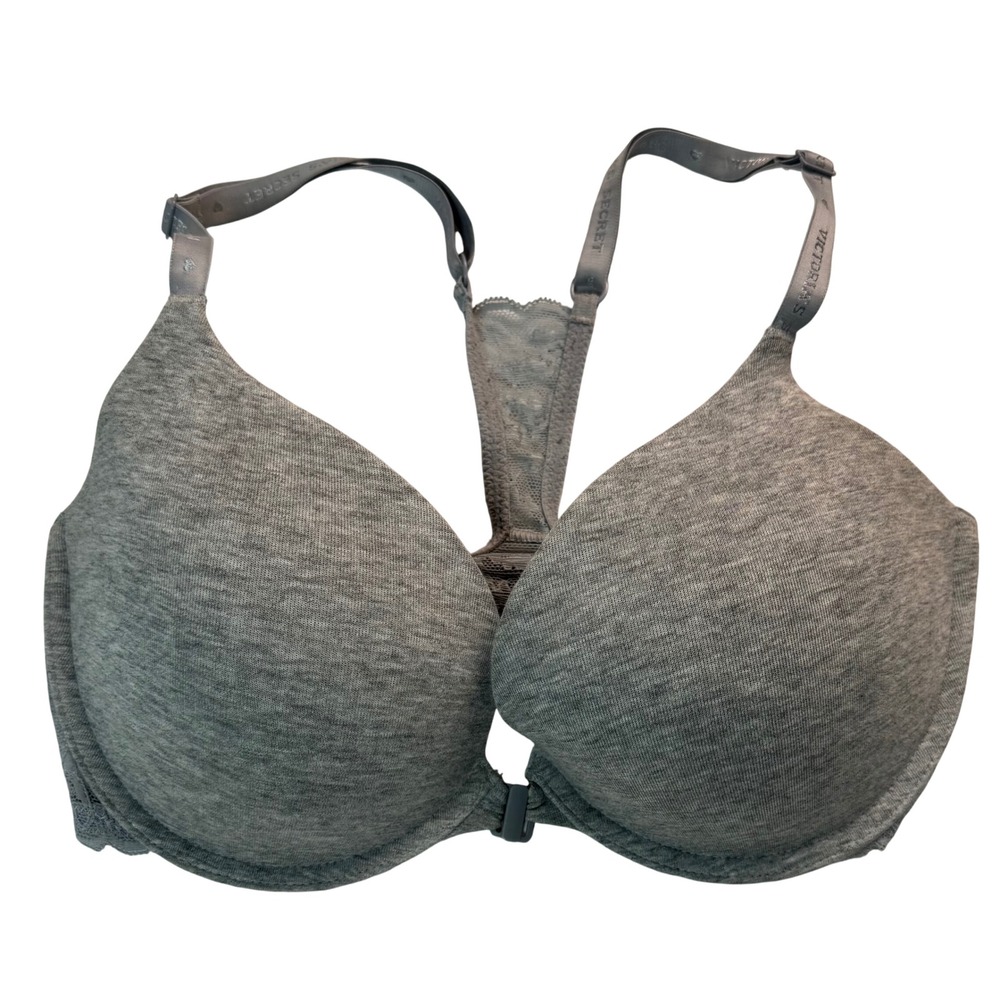 Victorias Secret Gray Cotton Push-Up‎ Bra Front Closure Racerback Lace 34DD